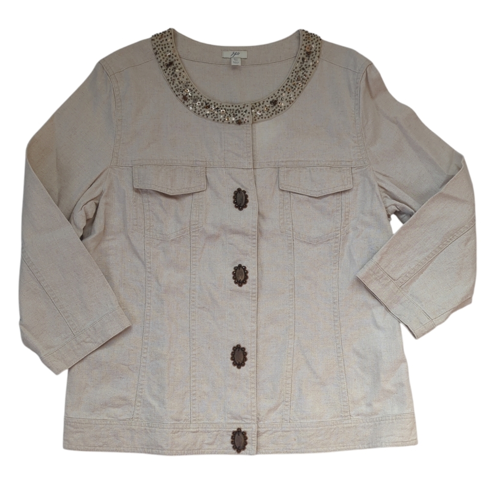 J.Jill Linen Sequin Snap Front Blazer Jacket MT Khaki Tan - Picture 1 of 16